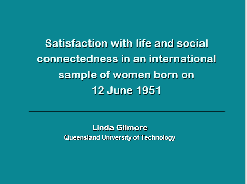 Satisfaction with life and social connectedness in an international sample of women. Paper presented at the Australian Psychological Society Psychology & Ageing Interest Group National Conference